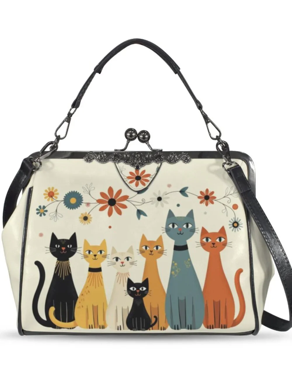 Retro Cat Group Kiss Lock Crossbody Shoulder Purse Waxed PU Leather Bag - Picture 7 of 9